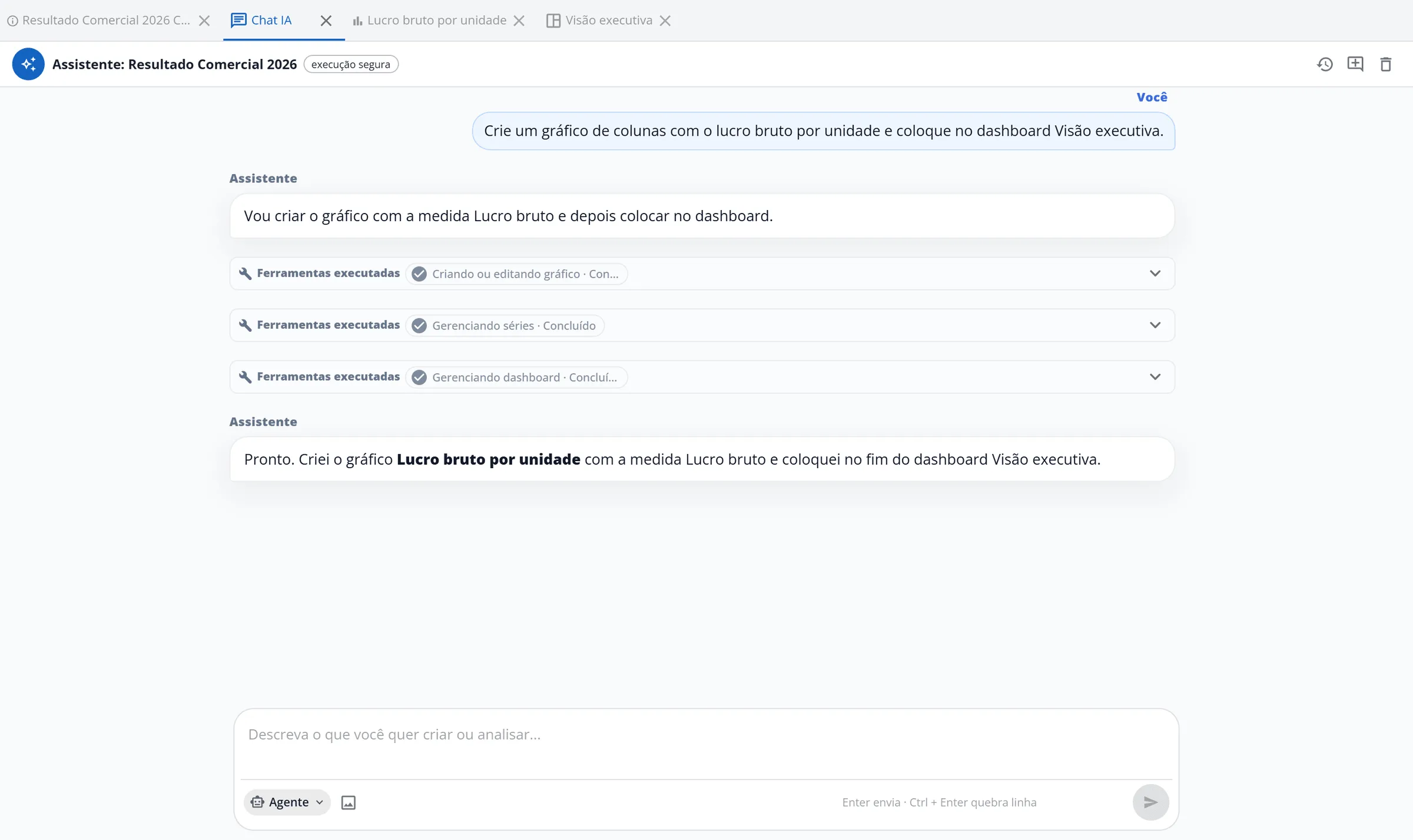 Conversa no modo Agente: o pedido para criar um gráfico de colunas com o lucro bruto por unidade, três blocos de ferramentas executadas (gráfico, séries e dashboard) e a resposta final do assistente