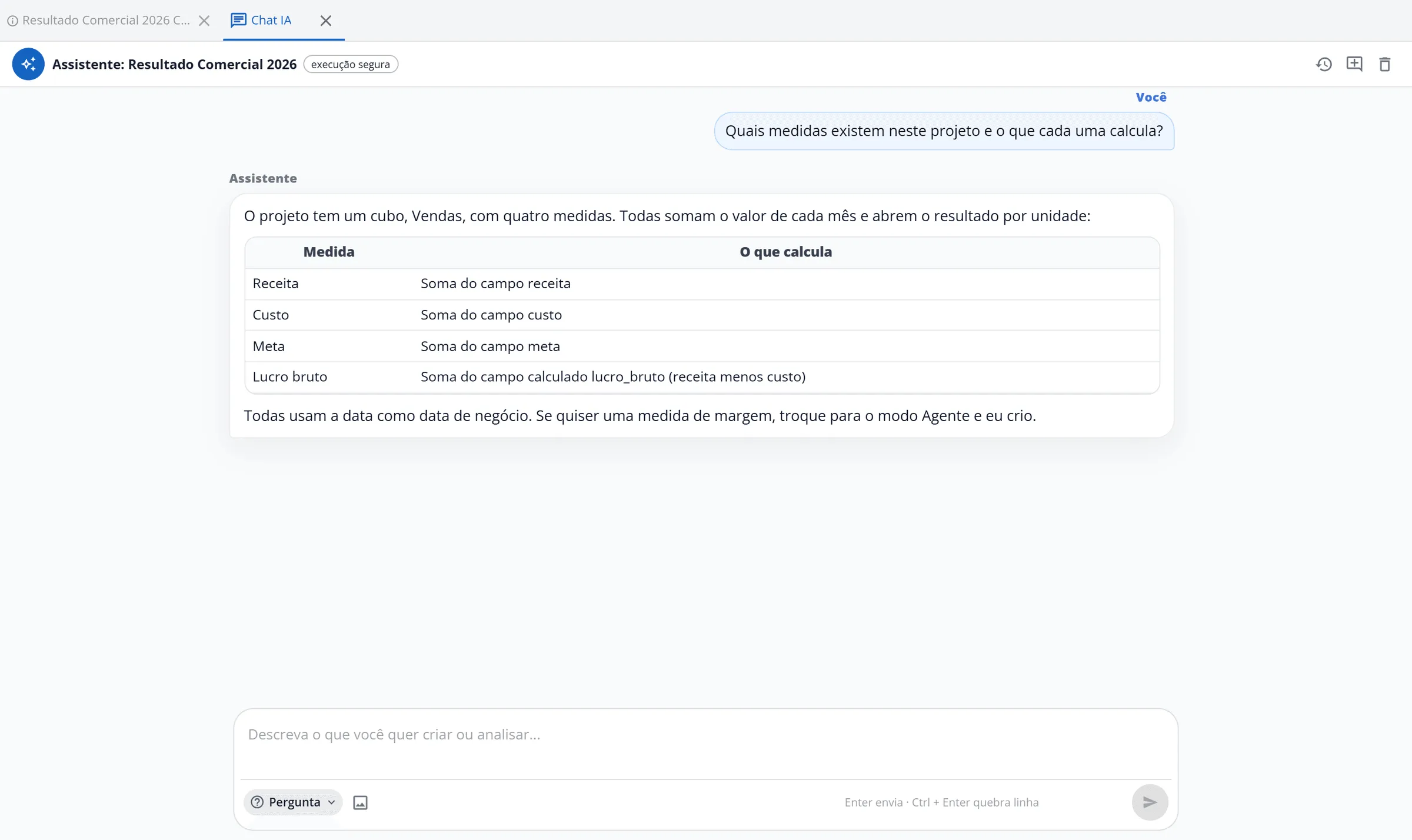 Conversa no modo Pergunta: a pergunta sobre quais medidas existem no projeto e a resposta do assistente com uma tabela das medidas Receita, Custo, Meta e Lucro bruto