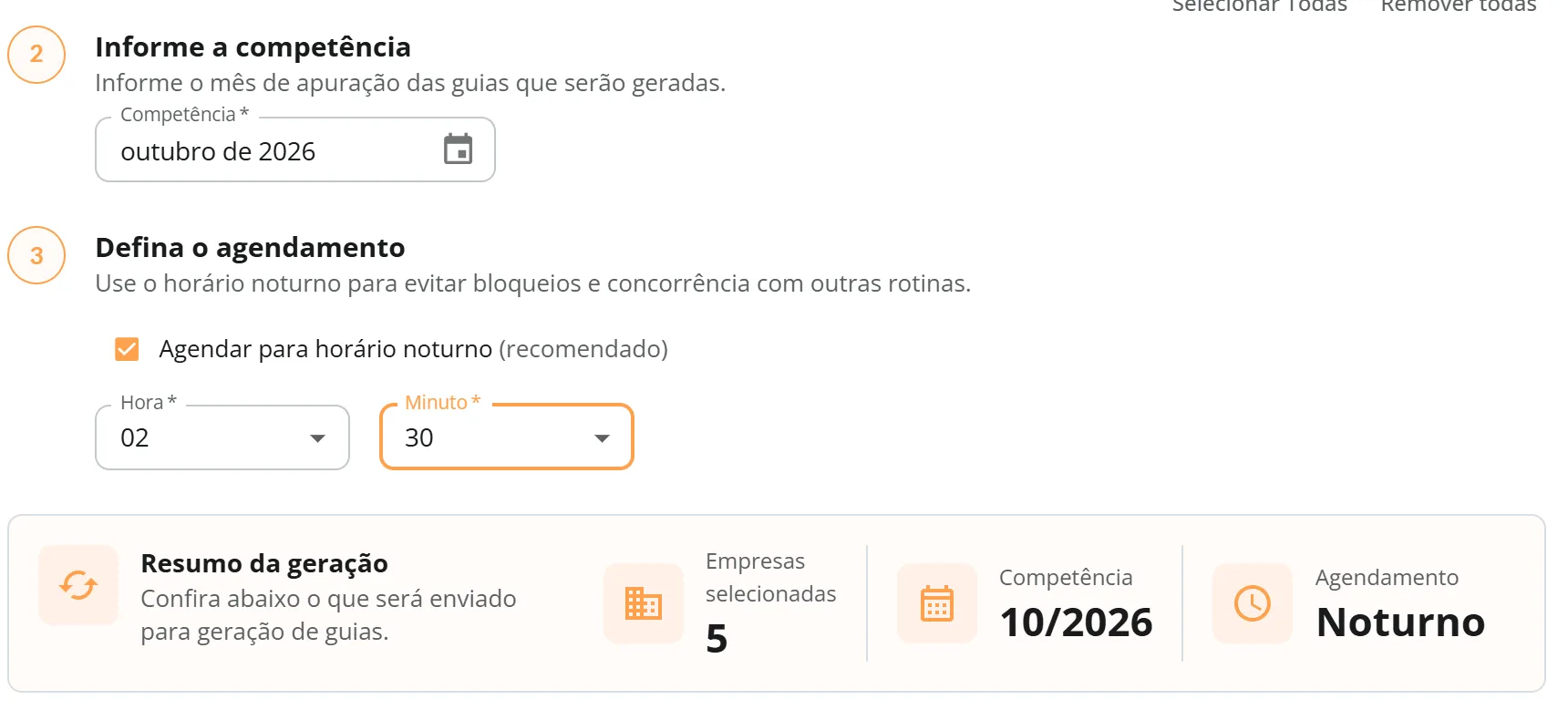 Janela Gerar guias do FGTS Digital rolada até os passos Informe a competência e Defina o agendamento, com a competência outubro de 2026, a caixa Agendar para horário noturno marcada, hora 02 e minuto 30, e o resumo com cinco empresas, a competência e o agendamento Noturno