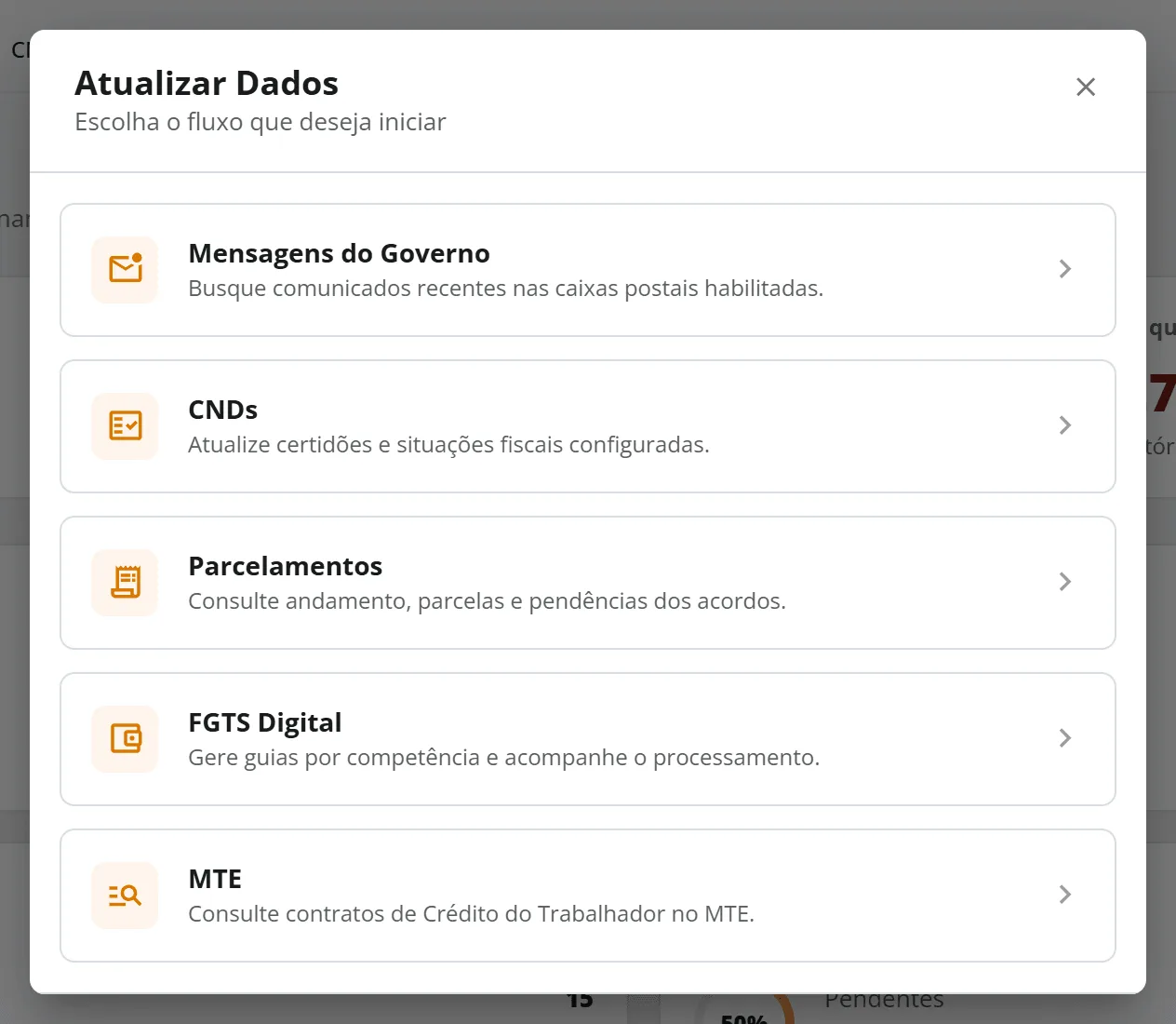 Janela Atualizar Dados aberta pelo botão Atualizar no Resumo, com as cinco áreas que têm busca: Mensagens do Governo, CNDs, Parcelamentos, FGTS Digital e MTE