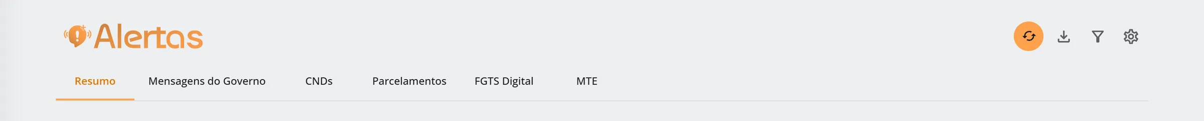 Cabeçalho do HubCount Alertas com o logotipo, as abas e, à direita, os ícones de Atualizar, Exportar, Filtros por tags e Configurações