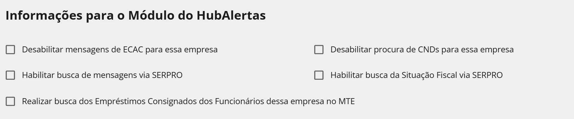 Cadastro da Delta Tecnologia Ltda na aba Outras Informações, com o bloco Informações para o Módulo do HubAlertas e as quatro opções de busca visíveis