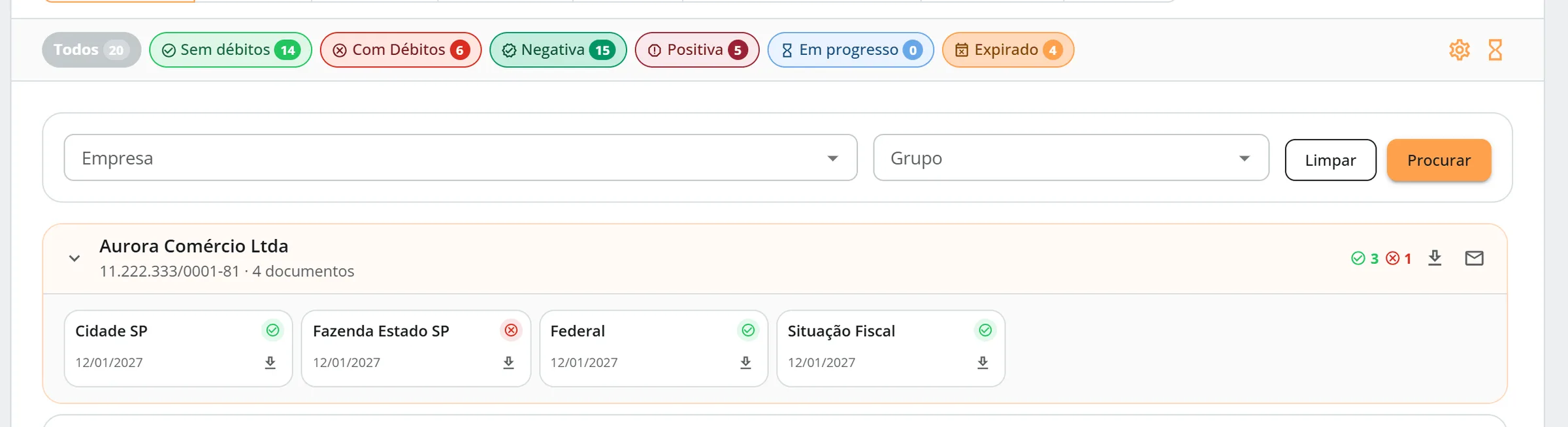 Aba CNDs na Visão Geral da Contabilidade Exemplo, com os botões de status com contadores, os filtros de empresa e grupo e a empresa Aurora Comércio Ltda expandida com os quatro cartões de documento