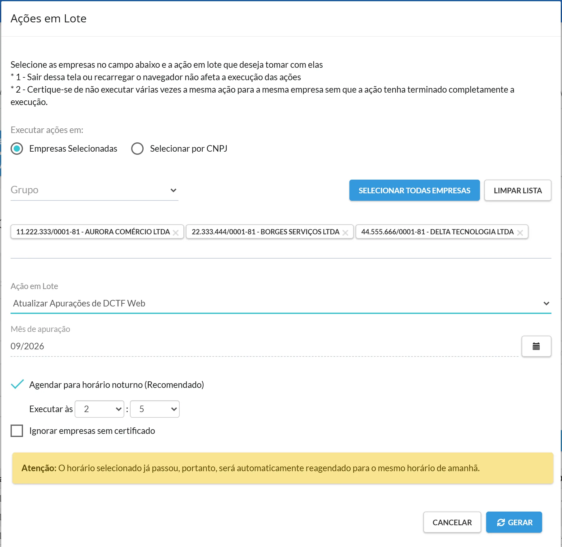 Janela Ações em Lote com Empresas Selecionadas, três empresas escolhidas, ação Atualizar Apurações de DCTF Web, mês 09/2026 e agendamento às 2h05
