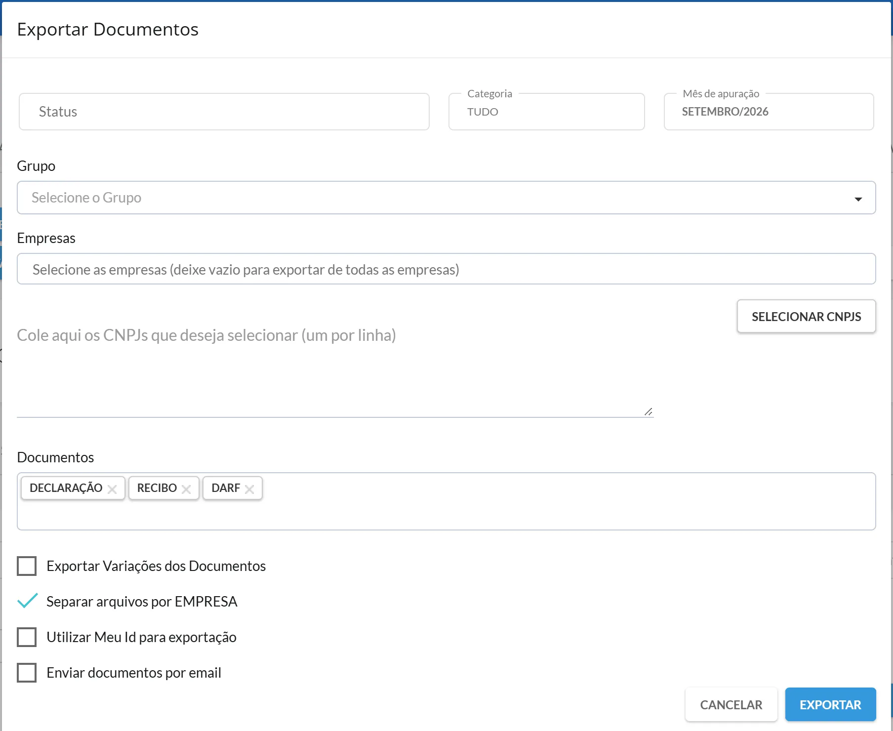 Janela Exportar Documentos com status Todos os Status, categoria Tudo, mês 09/2026, os três tipos de documento marcados e a opção Separar arquivos por EMPRESA marcada