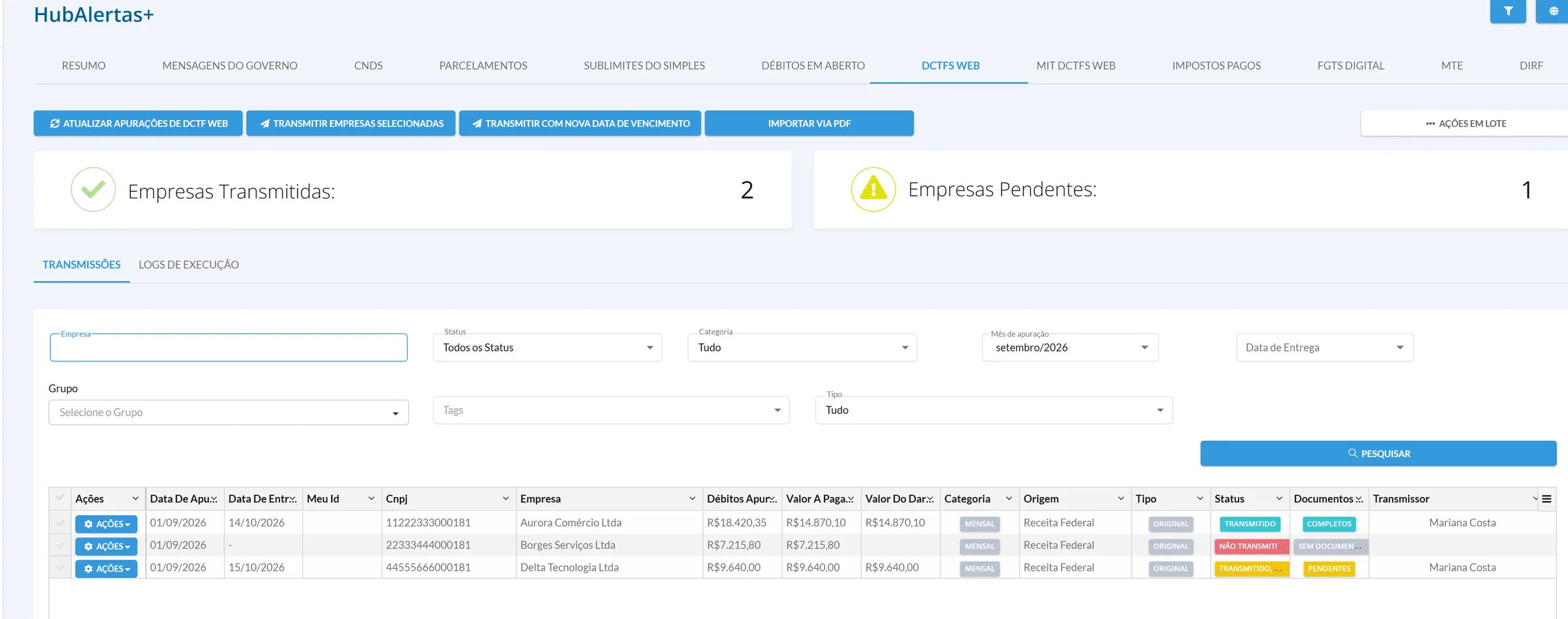 Aba DCTFs Web da versão anterior com mês de apuração 09/2026, os indicadores Empresas Transmitidas 2 e Empresas Pendentes 1 e a grade com Aurora, Borges e Delta