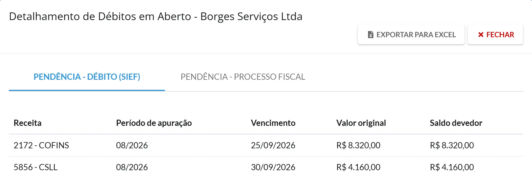 Janela Detalhamento de Débitos em Aberto da Borges Serviços Ltda na primeira aba do SIEF com duas linhas e os botões Exportar para Excel e Fechar