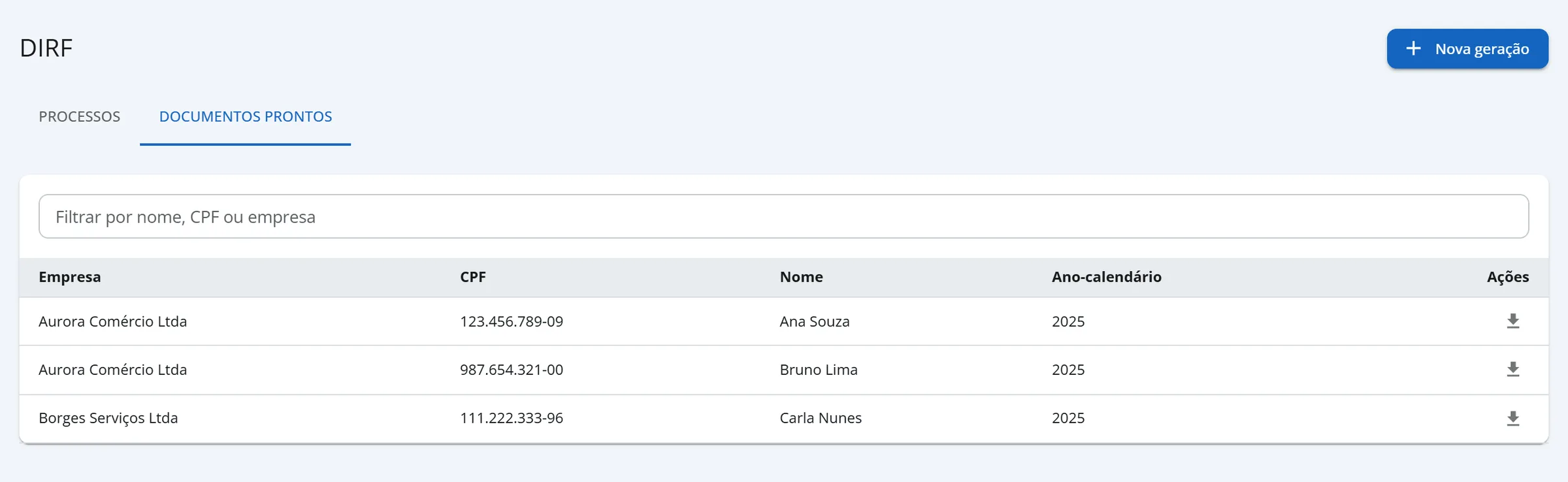 Aba Documentos prontos com a coluna Empresa, CPF, Nome e Ano-calendário e o ícone de download em duas linhas da Aurora