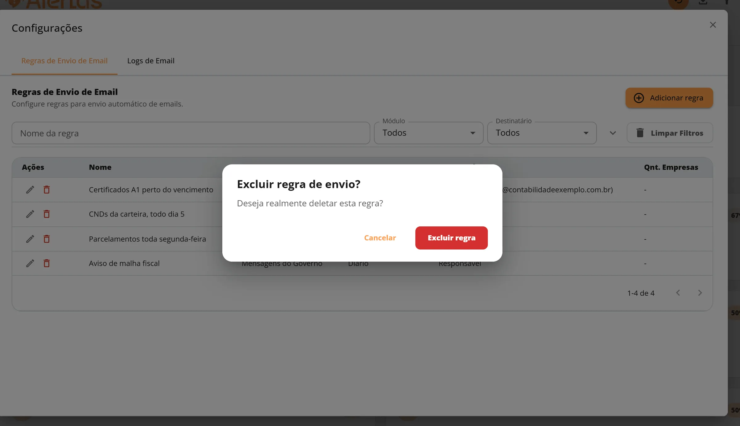 Janela de confirmação Excluir regra de envio? aberta sobre a lista de regras, com os botões Cancelar e Excluir regra