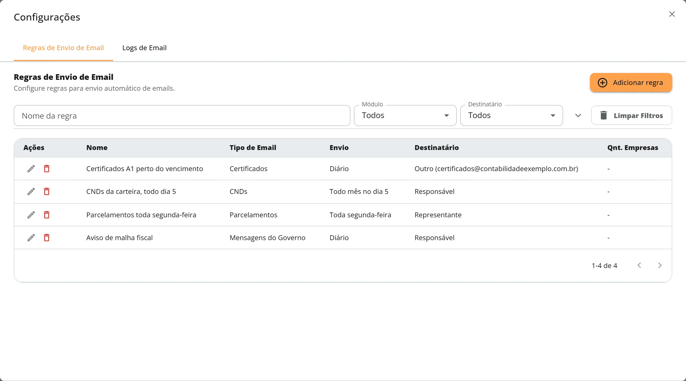 Janela Configurações aberta na aba Regras de envio, com o botão Adicionar regra, os filtros Nome da regra, Módulo e Destinatário e quatro regras da Contabilidade Exemplo na tabela: CNDs, Certificados, Mensagens do Governo e Parcelamentos