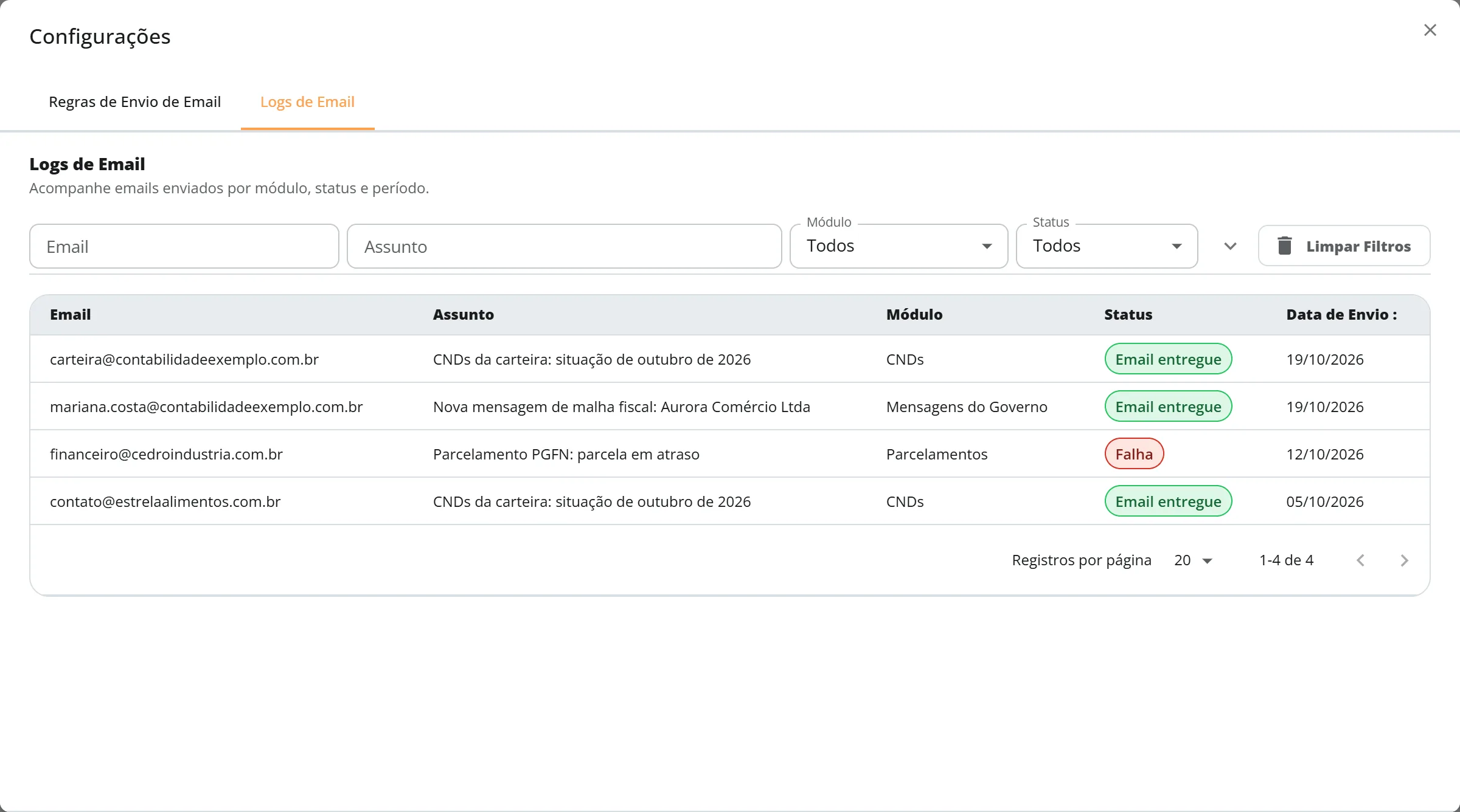 Janela Configurações na aba Logs de email, com os filtros Email, Assunto, Módulo e Status e três e-mails com status Email entregue e um com status Falha, de regras de CNDs, Mensagens do Governo e Parcelamentos