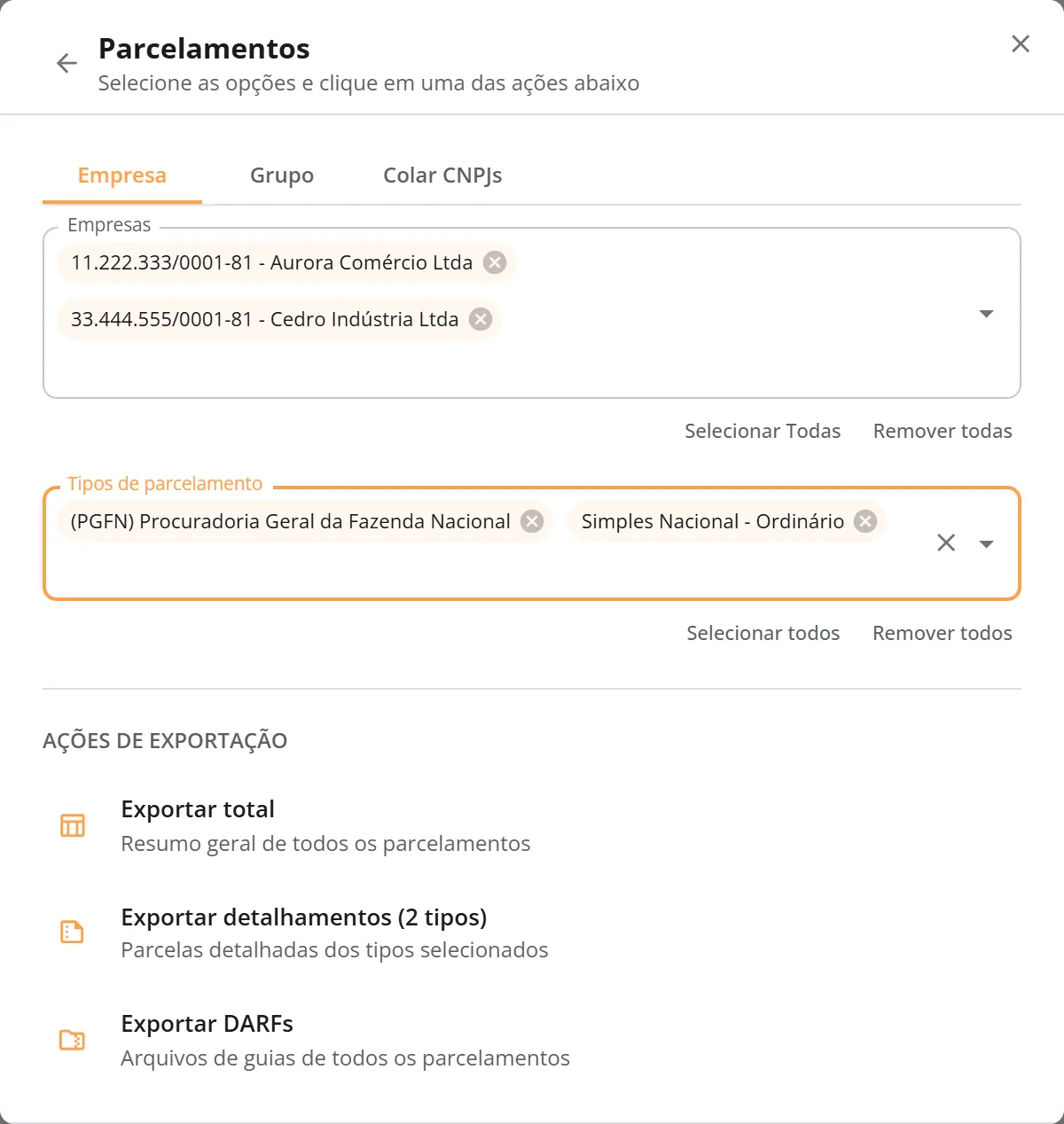 Janela de exportação de parcelamentos com Aurora e Cedro selecionadas, tipos PGFN e Simples Nacional Ordinário e as três ações