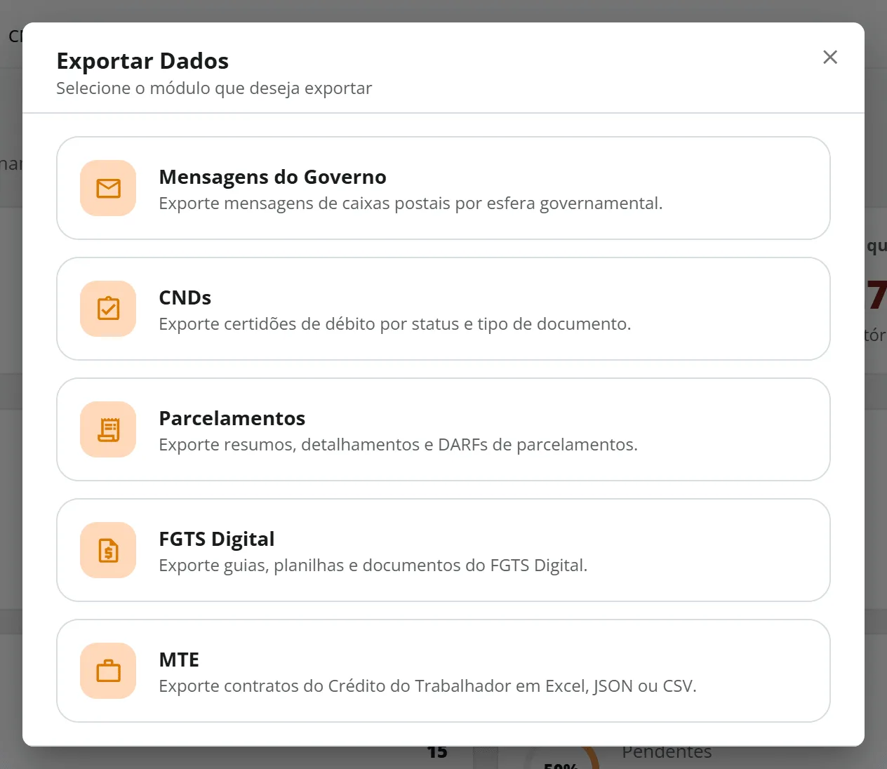 Janela Exportar Dados aberta no Resumo, com as cinco áreas que têm exportação: Mensagens do Governo, CNDs, Parcelamentos, FGTS Digital e MTE