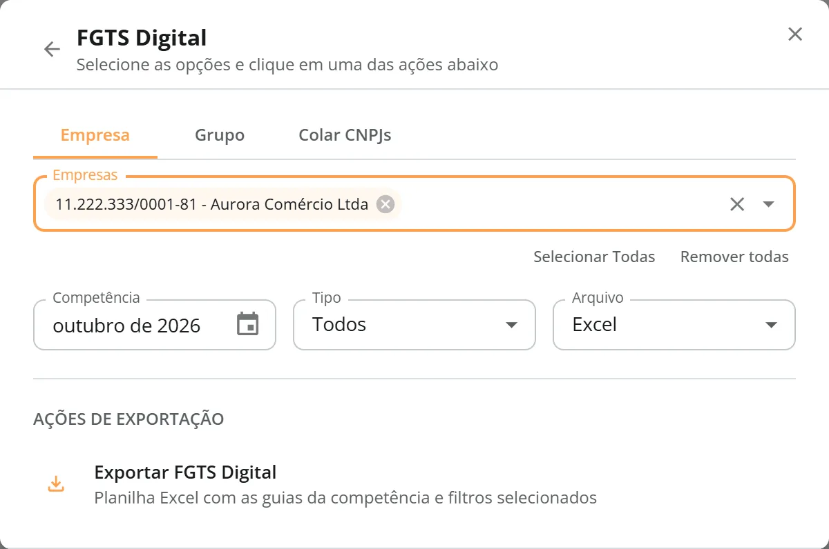 Janela de exportação do FGTS Digital com a Aurora selecionada, competência outubro de 2026, tipo Todos e arquivo Excel