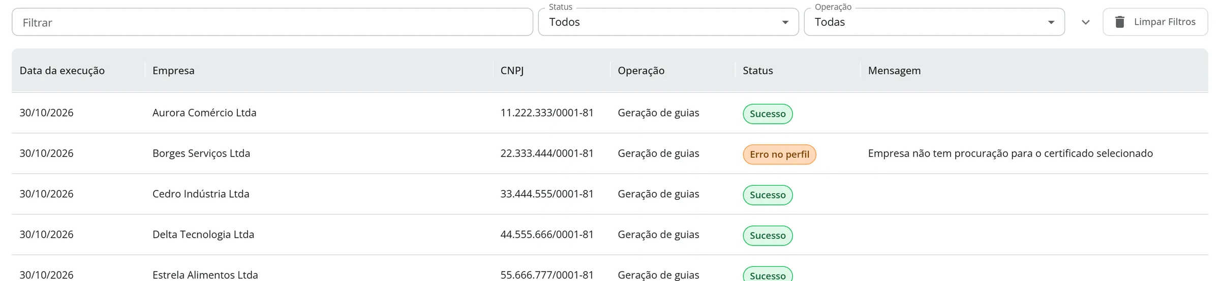 Área Logs do FGTS Digital com a linha da Borges Serviços Ltda marcada como erro no perfil e a mensagem sobre procuração, e as demais empresas com sucesso