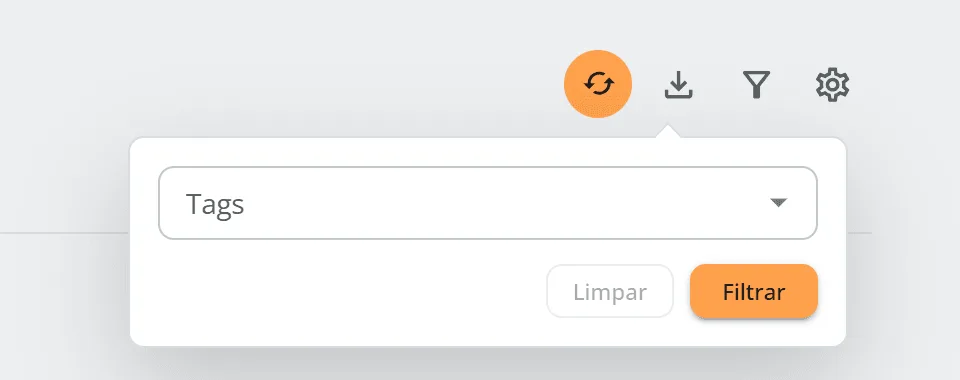 Painel de filtro por tags aberto sob o ícone de funil, com o campo Tags vazio e os botões Limpar e Filtrar