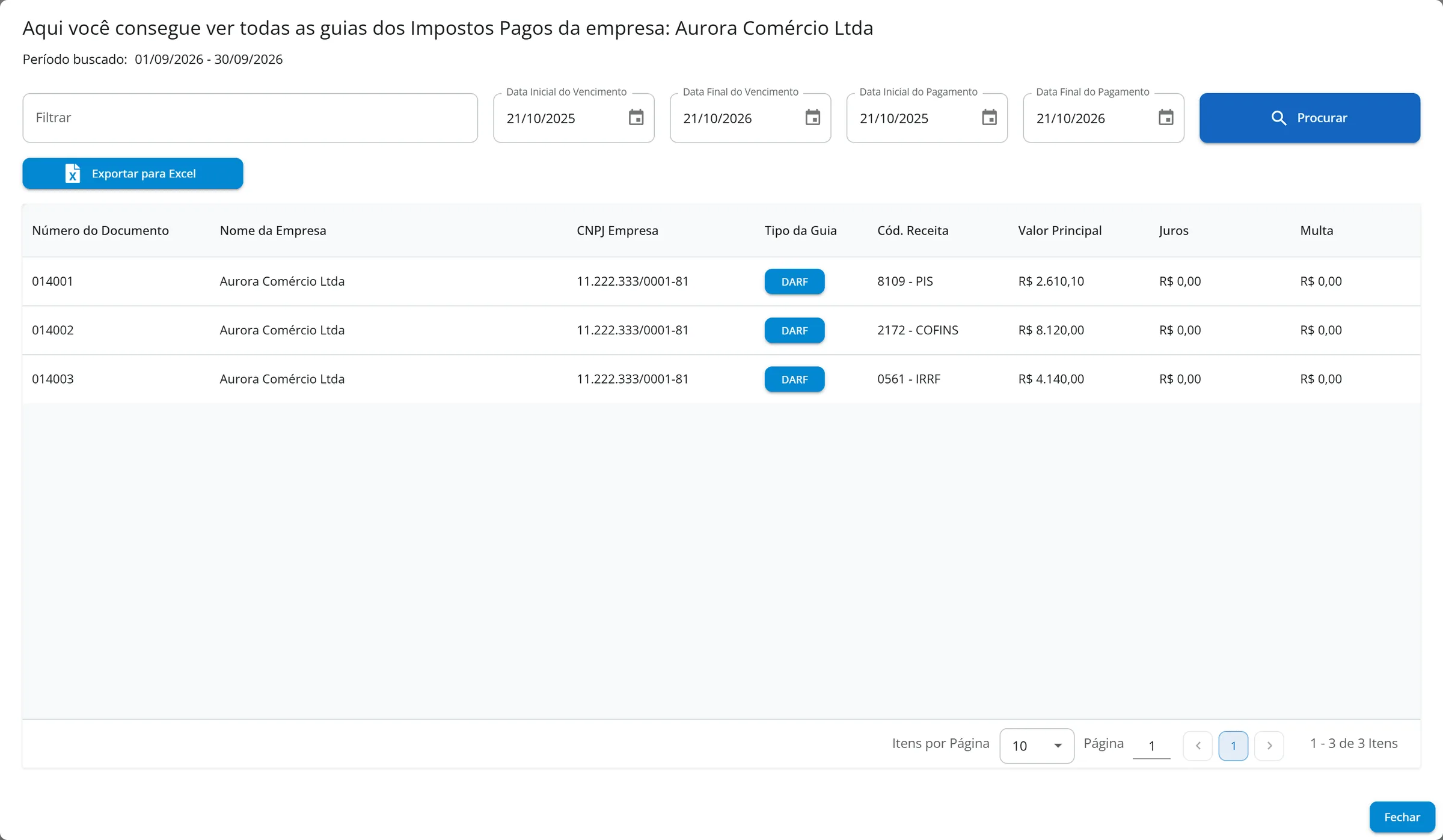 Janela de guias da Aurora Comércio Ltda em setembro de 2026 com três guias DARF de PIS, Cofins e IRRF e o botão Exportar para Excel