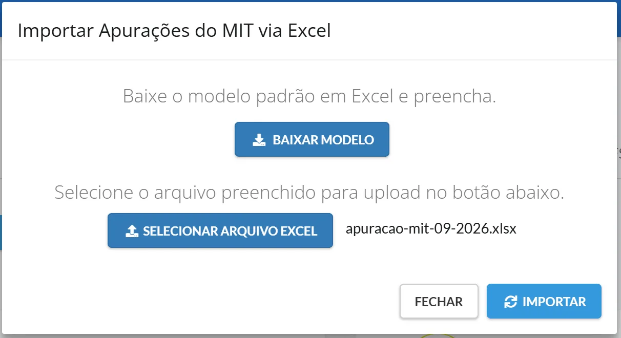 Janela Importar Apurações do MIT via Excel com o botão Baixar modelo, o arquivo apuracao-mit-09-2026.xlsx escolhido e o botão Importar