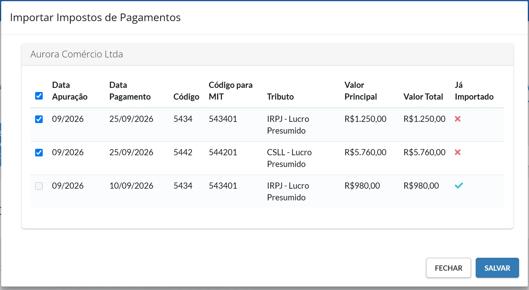 Janela Importar Impostos de Pagamentos com a Aurora, três pagamentos de 09/2026 listados e dois marcados, e a coluna Já Importado