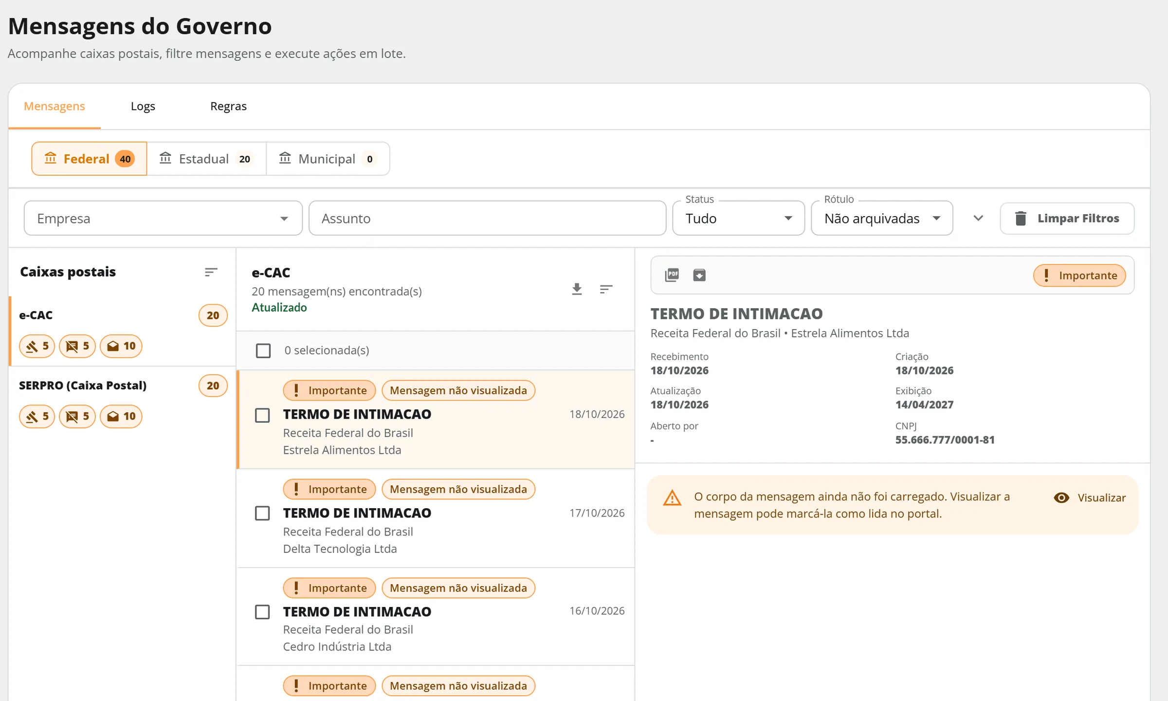 Aba Mensagens do Governo na esfera Federal, com as caixas e-CAC e SERPRO na coluna da esquerda, a lista de mensagens da Aurora, da Borges e das outras empresas ao centro e a coluna de visualização vazia