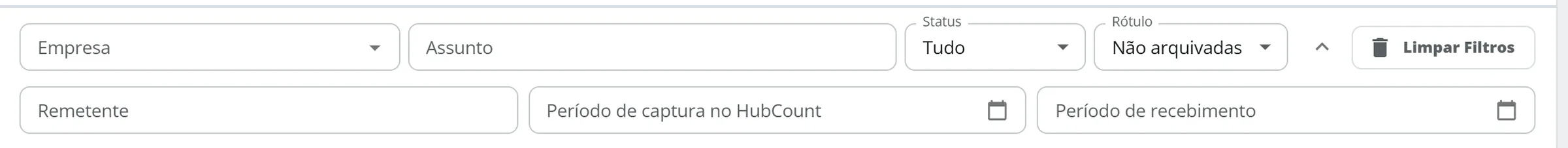 Filtros da aba Mensagens do Governo com a seta aberta, mostrando Remetente, Período de captura no HubCount e Período de recebimento, e o rótulo Não arquivadas selecionado