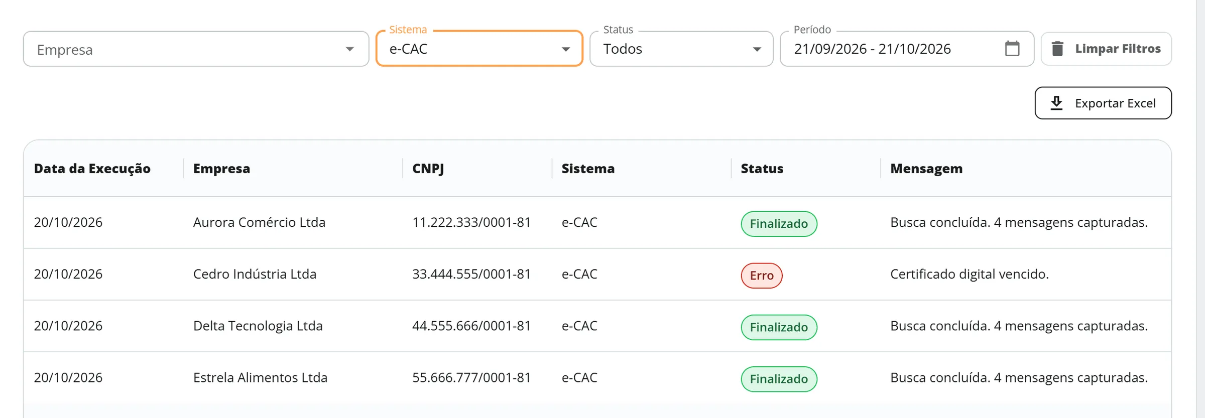Área Logs com o período do último mês, o filtro de sistema em e-CAC e uma tabela com linhas Finalizado da Aurora, Delta e Estrela e uma linha com Erro da Cedro