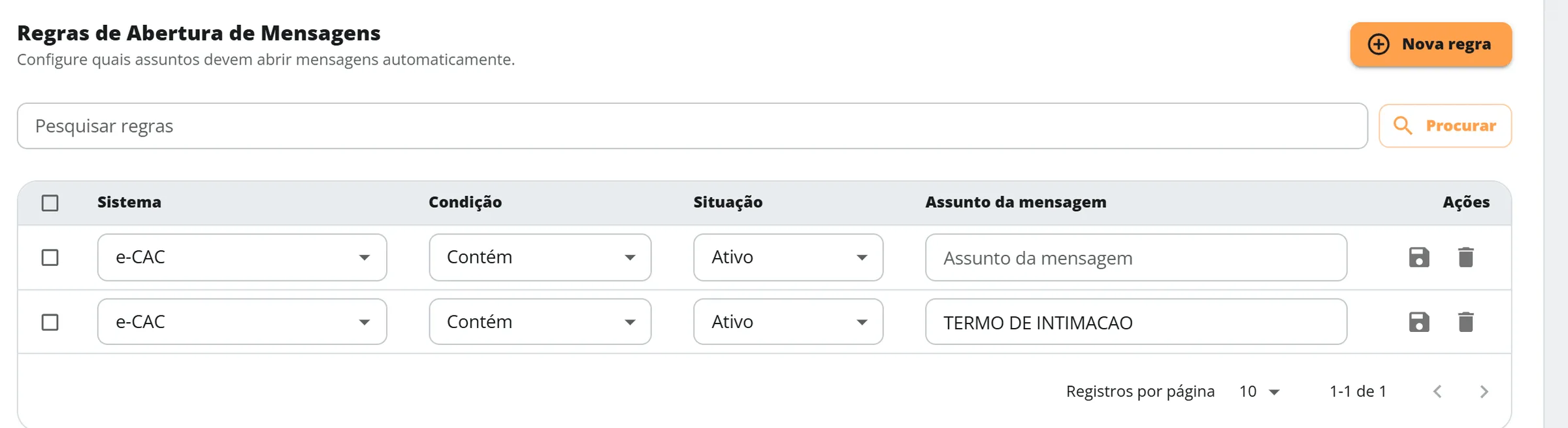 Área Regras com uma regra salva no sistema e-CAC, condição Contém, situação Ativo e assunto TERMO DE INTIMACAO, além de uma linha nova ainda sem salvar