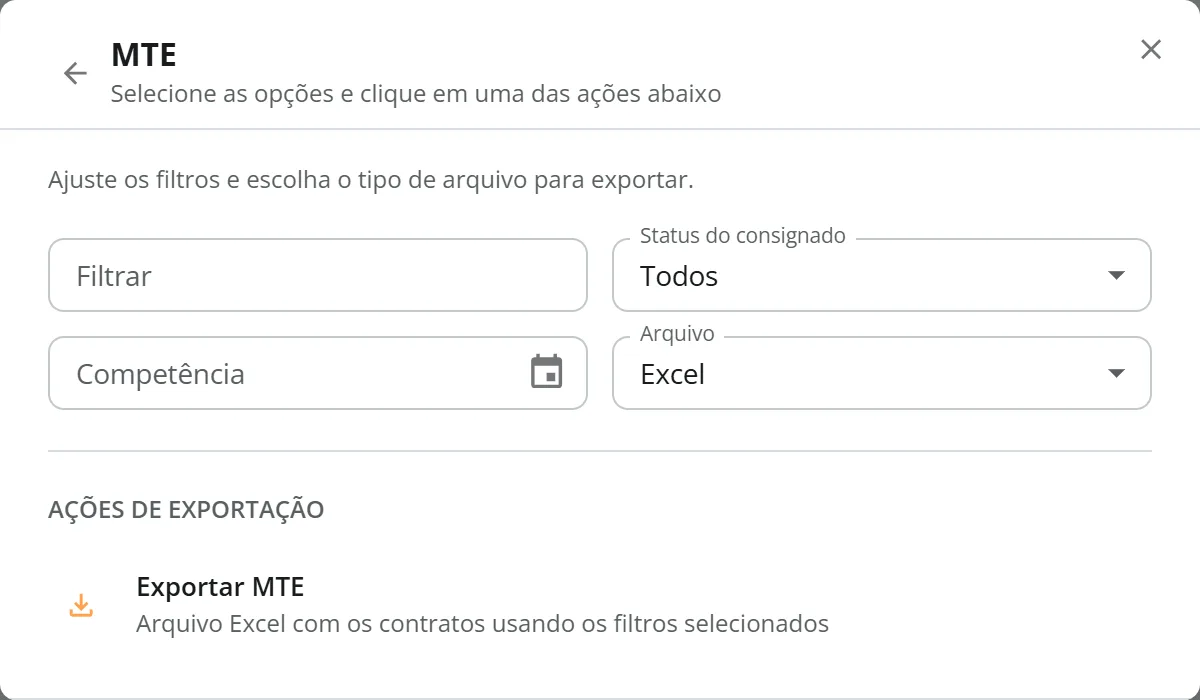 Janela de exportação do MTE com filtros vazios, competência outubro de 2026 e arquivo Excel
