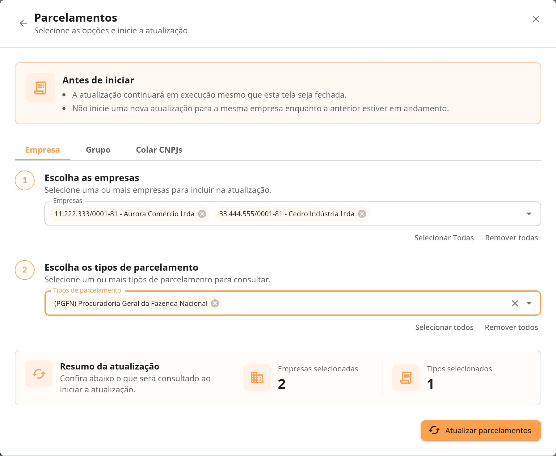 Janela de atualização de parcelamentos com Aurora e Cedro selecionadas e o tipo PGFN escolhido