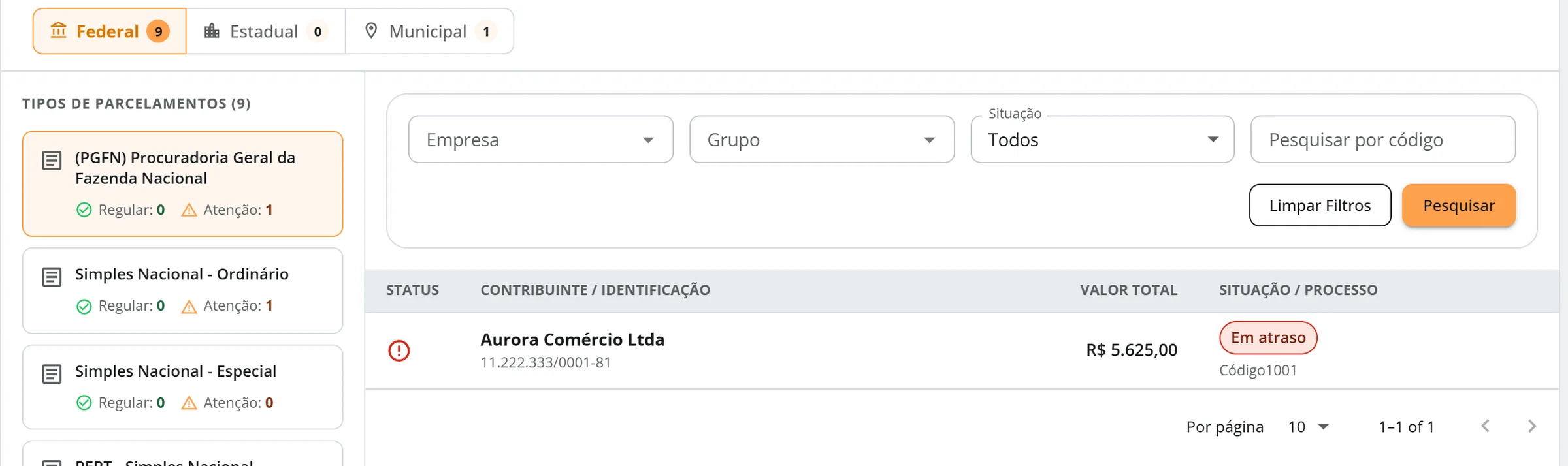 Aba Parcelamentos, esfera Federal, tipo PGFN selecionado, com a Aurora Comércio Ltda em atraso