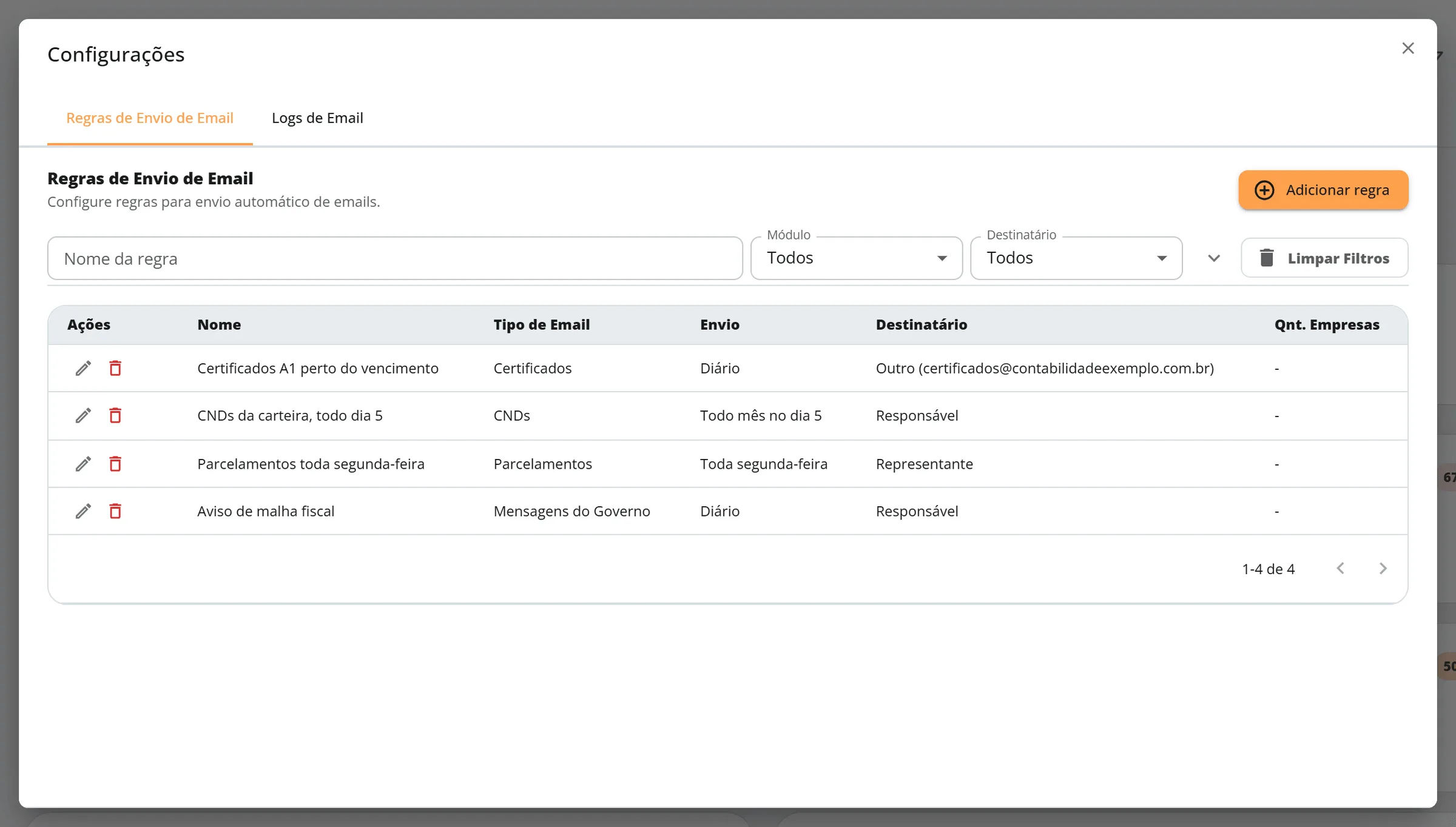Janela de configurações com a aba Regras de Envio de Email, o botão Adicionar regra, os filtros por nome, módulo e destinatário e quatro regras de exemplo na tabela