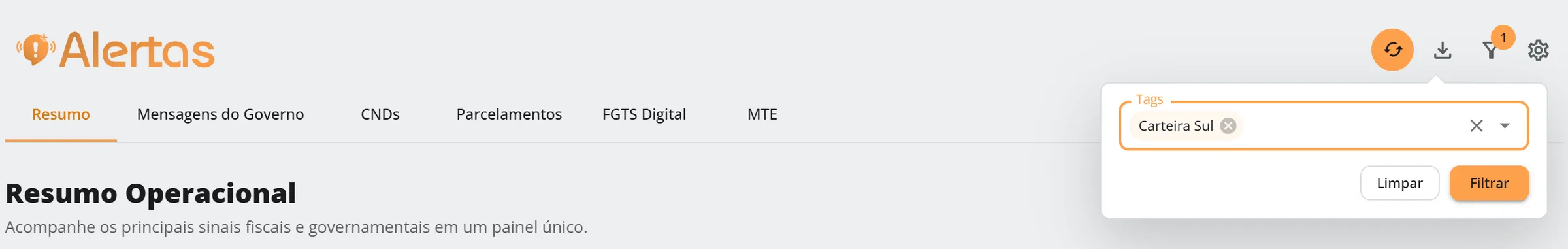 Cabeçalho do HubCount Alertas com o ícone de funil mostrando o contador 1 e, abaixo dele, o painel de tags aberto com a tag Carteira Sul escolhida, os botões Limpar e Filtrar e a aba Resumo ao fundo