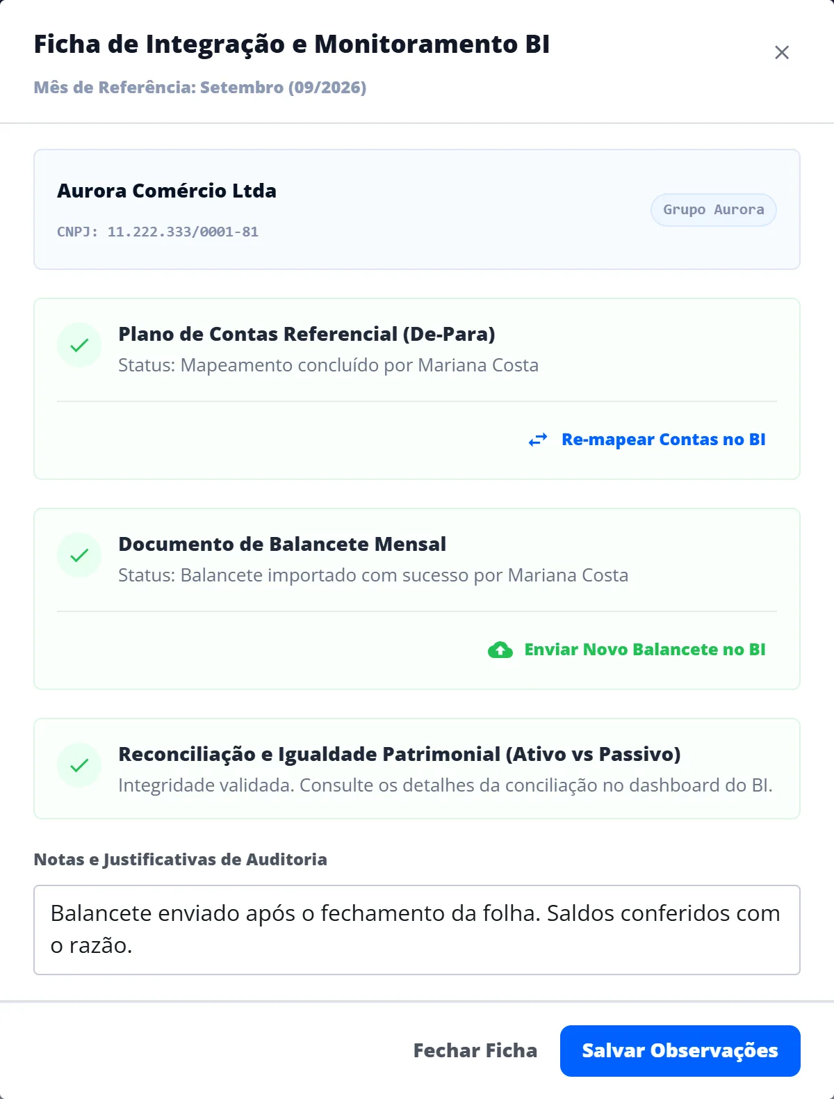 Ficha de Integração e Monitoramento BI de setembro de 2026 da Aurora Comércio Ltda, com os três cartões e o campo de notas preenchido
