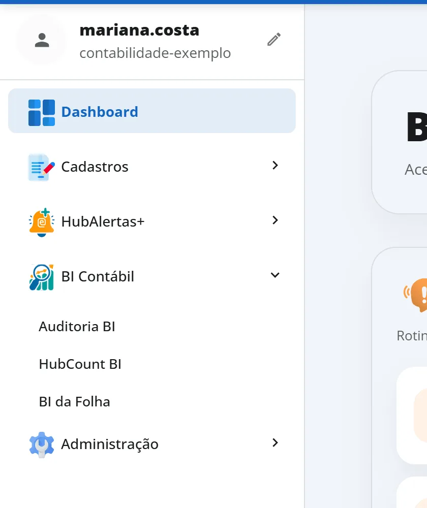 Menu lateral expandido com BI Contábil aberto, mostrando HubCount BI, Auditoria BI e BI da Folha
