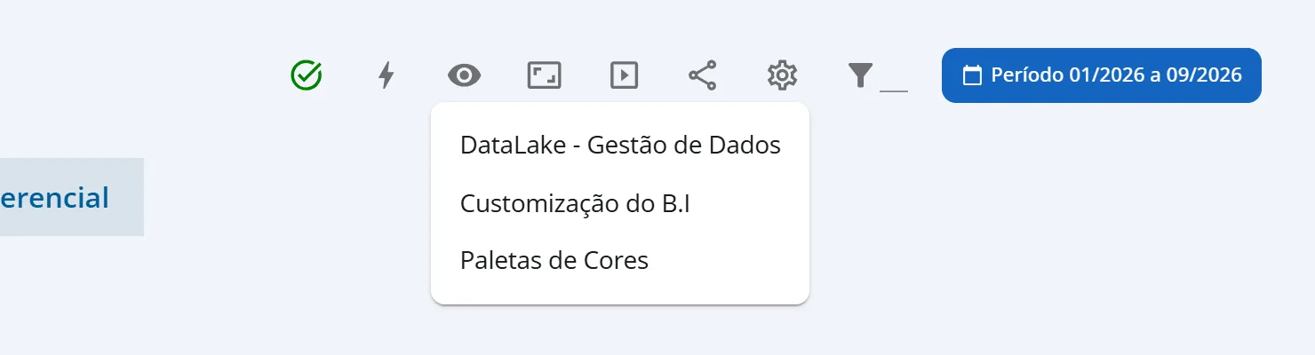 Dashboard da Aurora Comércio Ltda com o menu da engrenagem aberto, mostrando os itens do Data Lake, da customização e das paletas de cores