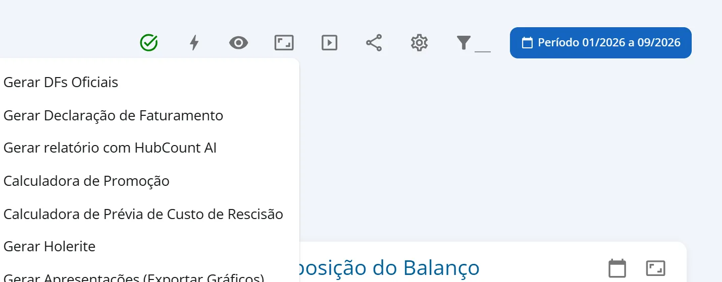 Dashboard da Aurora Comércio Ltda com o menu do ícone de raio aberto e Gerar Declaração de Faturamento em destaque