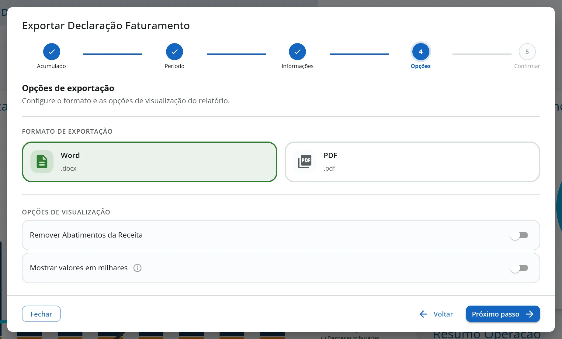 Etapa Opções com Word marcado e os interruptores Remover Abatimentos da Receita e Mostrar valores em milhares