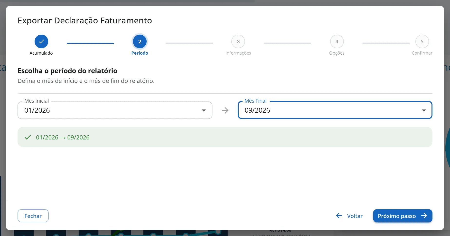 Etapa Período com Mês Inicial 01/2026 e Mês Final 09/2026, e a confirmação verde 01/2026 a 09/2026