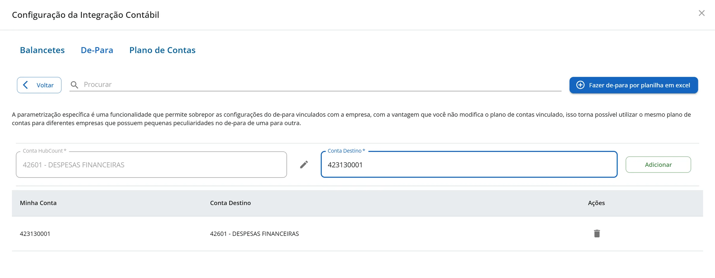 Tela da Parametrização Específica da Aurora Comércio Ltda com o texto de explicação, os campos Conta HubCount e Conta Destino preenchidos e a lista com Minha Conta, Conta Destino e Ações