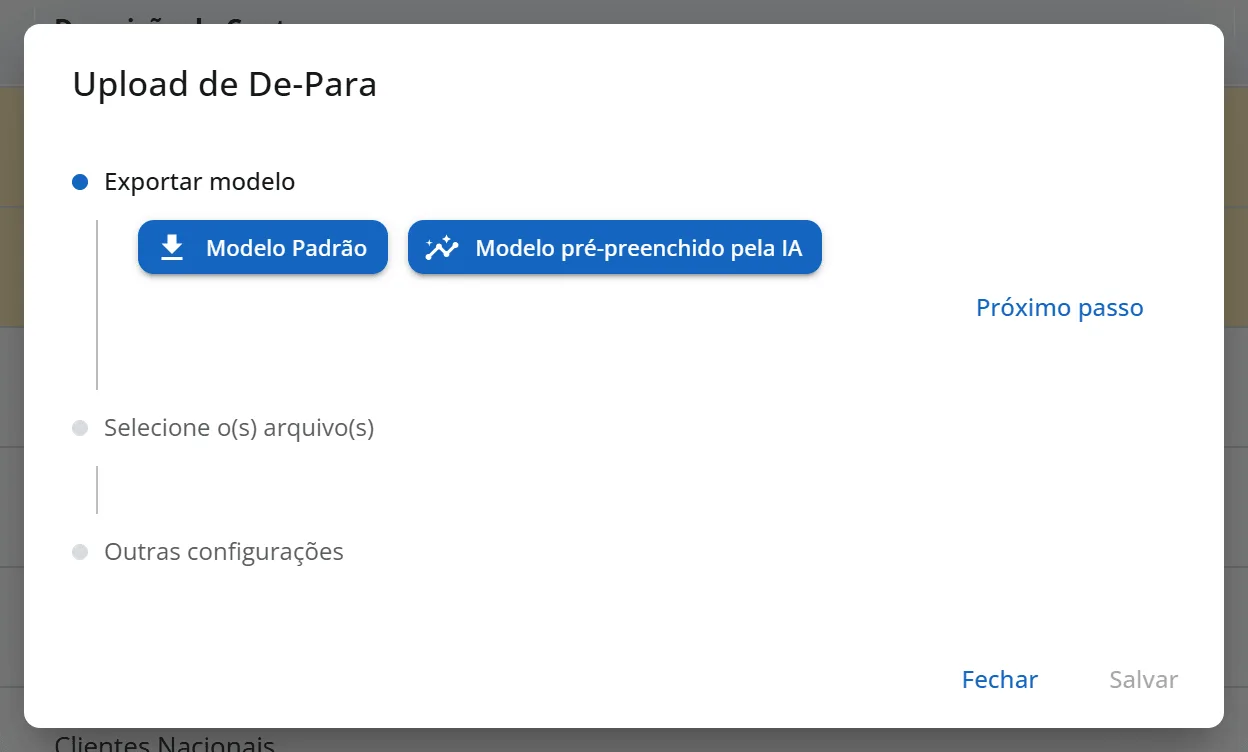 Janela Upload de De-Para no passo Exportar modelo, com os botões Modelo Padrão e Modelo pré-preenchido pela IA e o botão Próximo passo