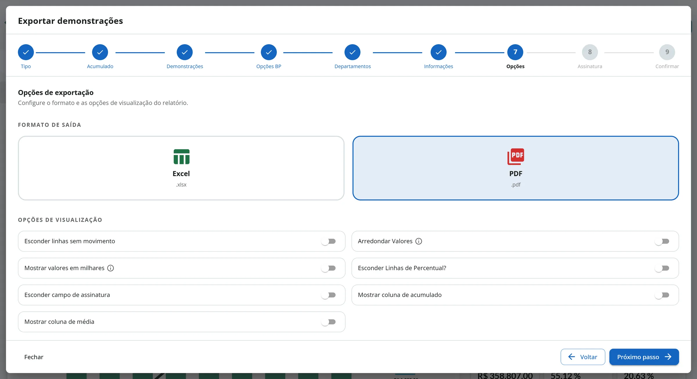 Etapa Opções de exportação com o formato PDF marcado e os interruptores de visualização, todos desligados
