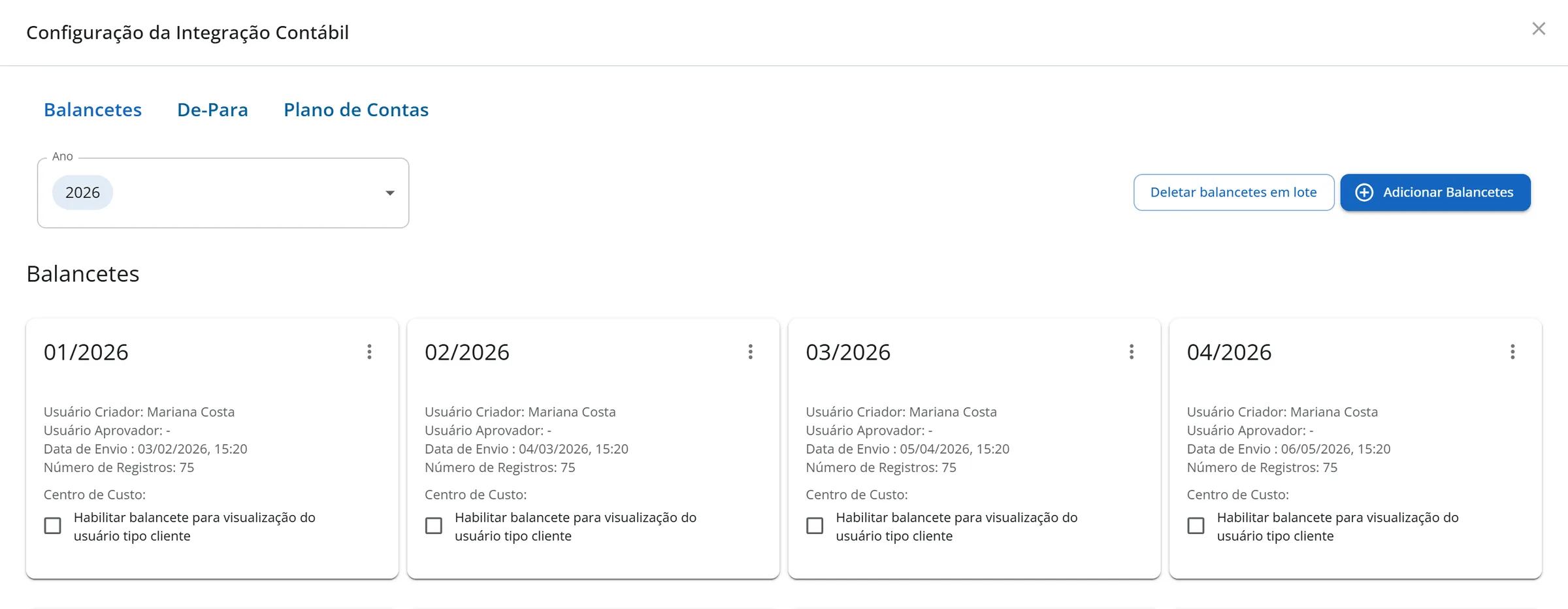 Janela Configuração da Integração Contábil na aba Balancetes da Aurora Comércio Ltda, com o filtro Ano em 2026, os botões Deletar balancetes em lote e Adicionar Balancetes e os cartões de 01/2026 a 04/2026