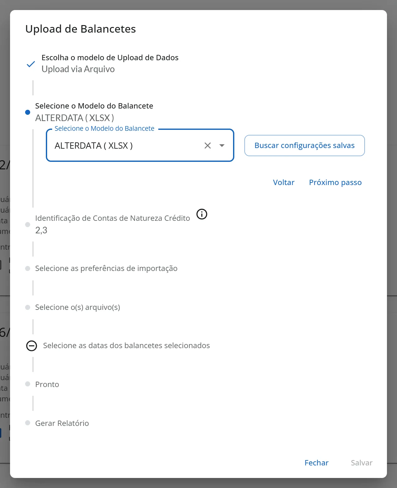Passo Selecione o Modelo do Balancete do assistente, com o modelo ALTERDATA ( XLSX ) escolhido no campo de busca e o botão Buscar configurações salvas