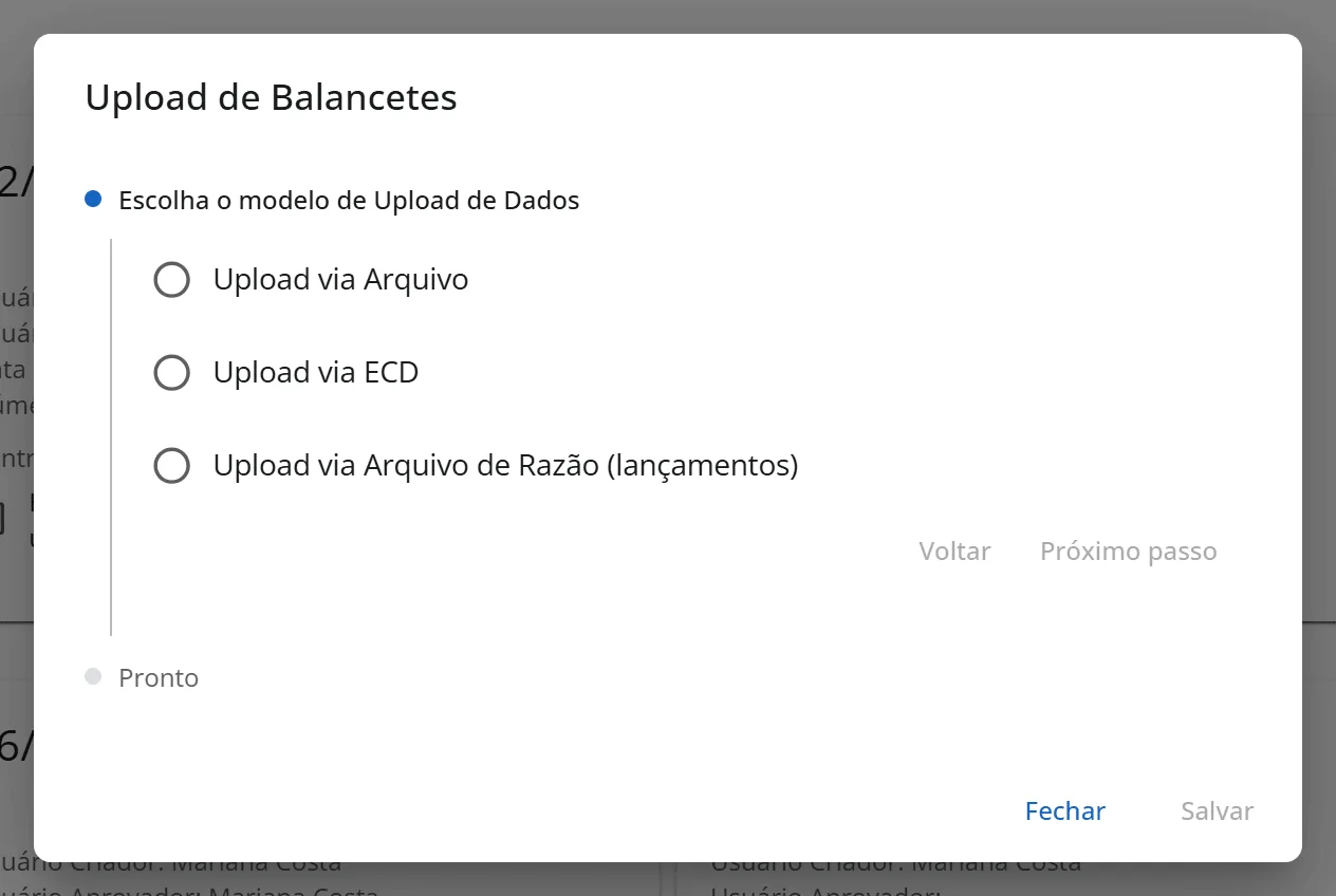 Janela Upload de Balancetes no primeiro passo, com as opções Upload via Arquivo, Upload via ECD e Upload via Arquivo de Razão (lançamentos)