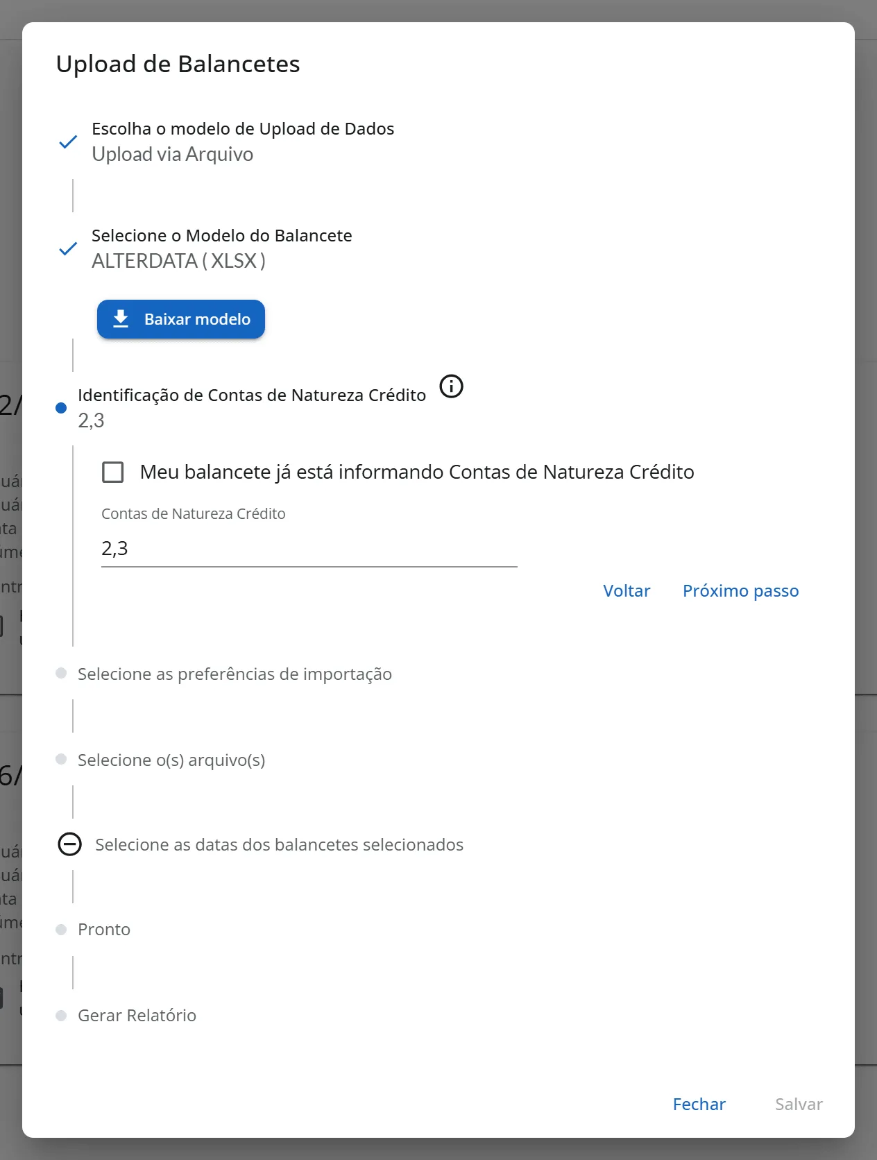 Passo Identificação de Contas de Natureza Crédito, com a caixa Meu balancete já está informando Contas de Natureza Crédito desmarcada e o campo Contas de Natureza Crédito com o valor 2,3