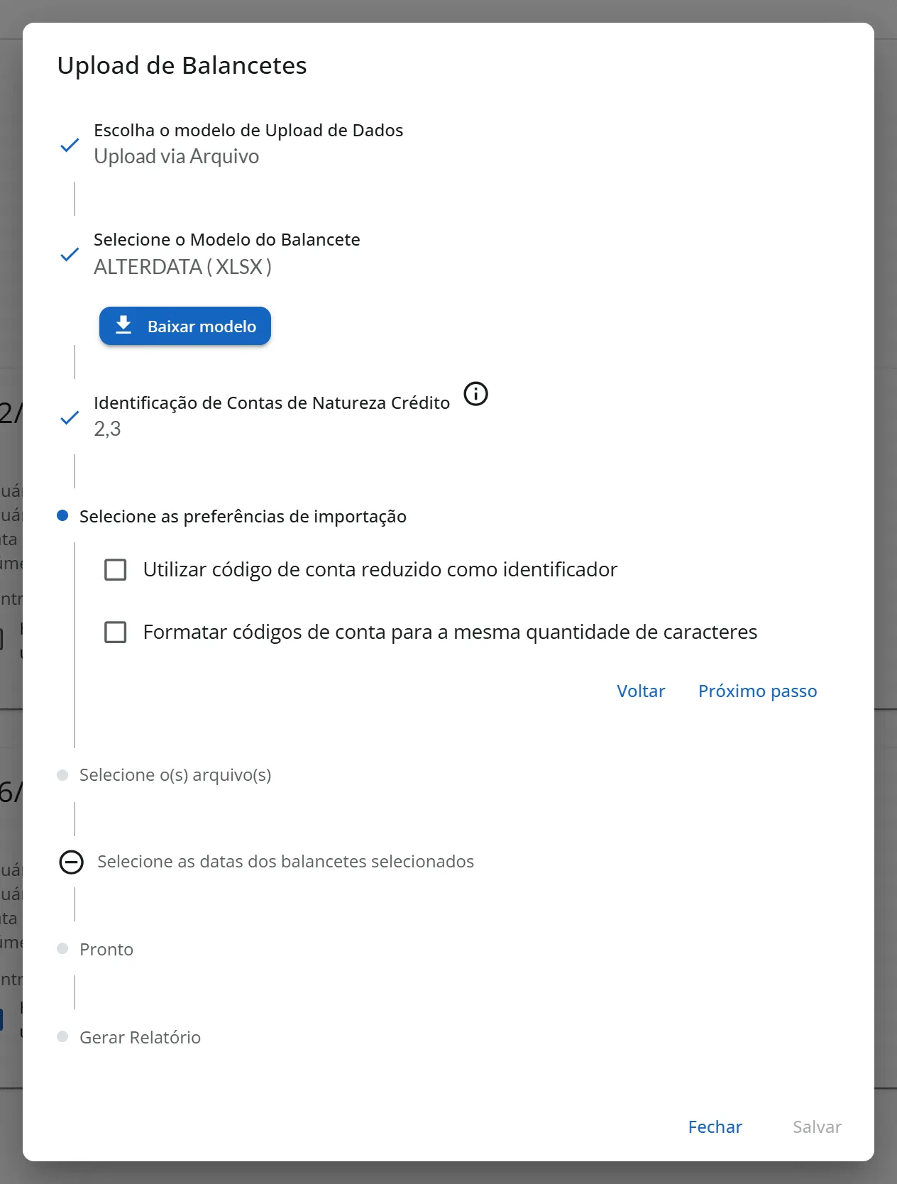 Passo Selecione as preferências de importação do envio por arquivo, com as opções de código de conta reduzido e de formatar códigos de conta, e os passos anteriores já concluídos