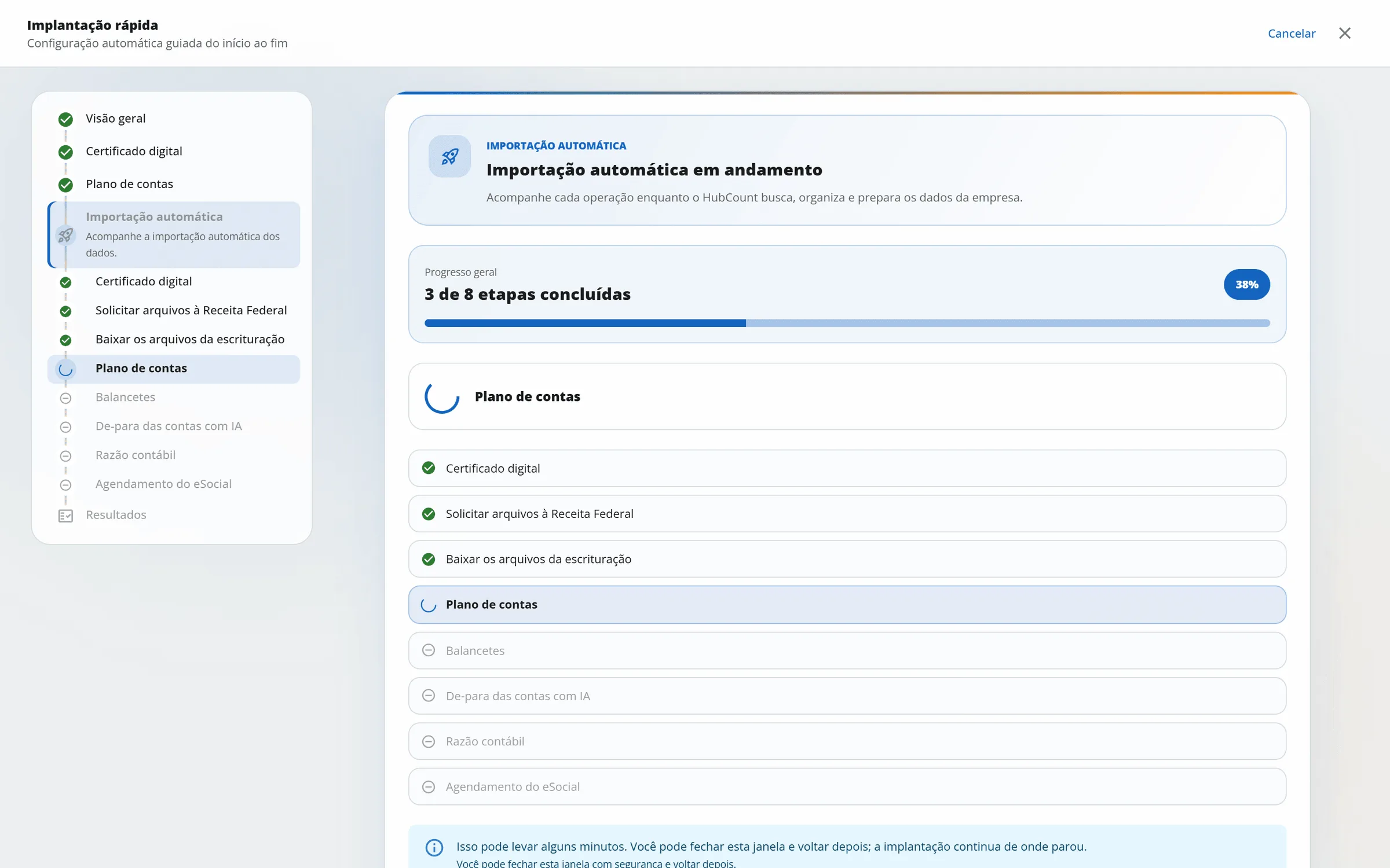 Etapa Importação automática com a barra de progresso em 3 de 8 etapas e a lista de passos com ícones de concluído, em andamento e pendente