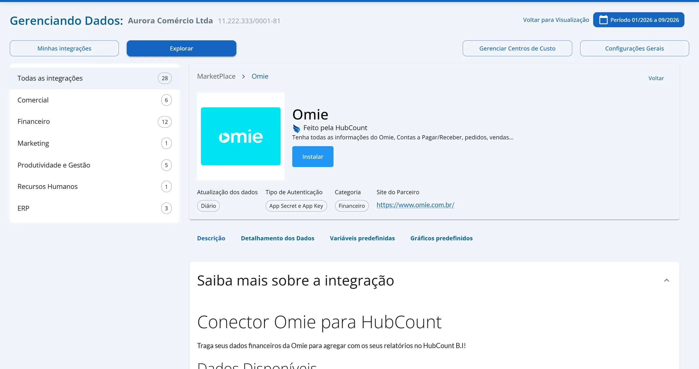 Página do parceiro Omie com o botão Instalar, as informações de atualização, autenticação e categoria, e as quatro abas