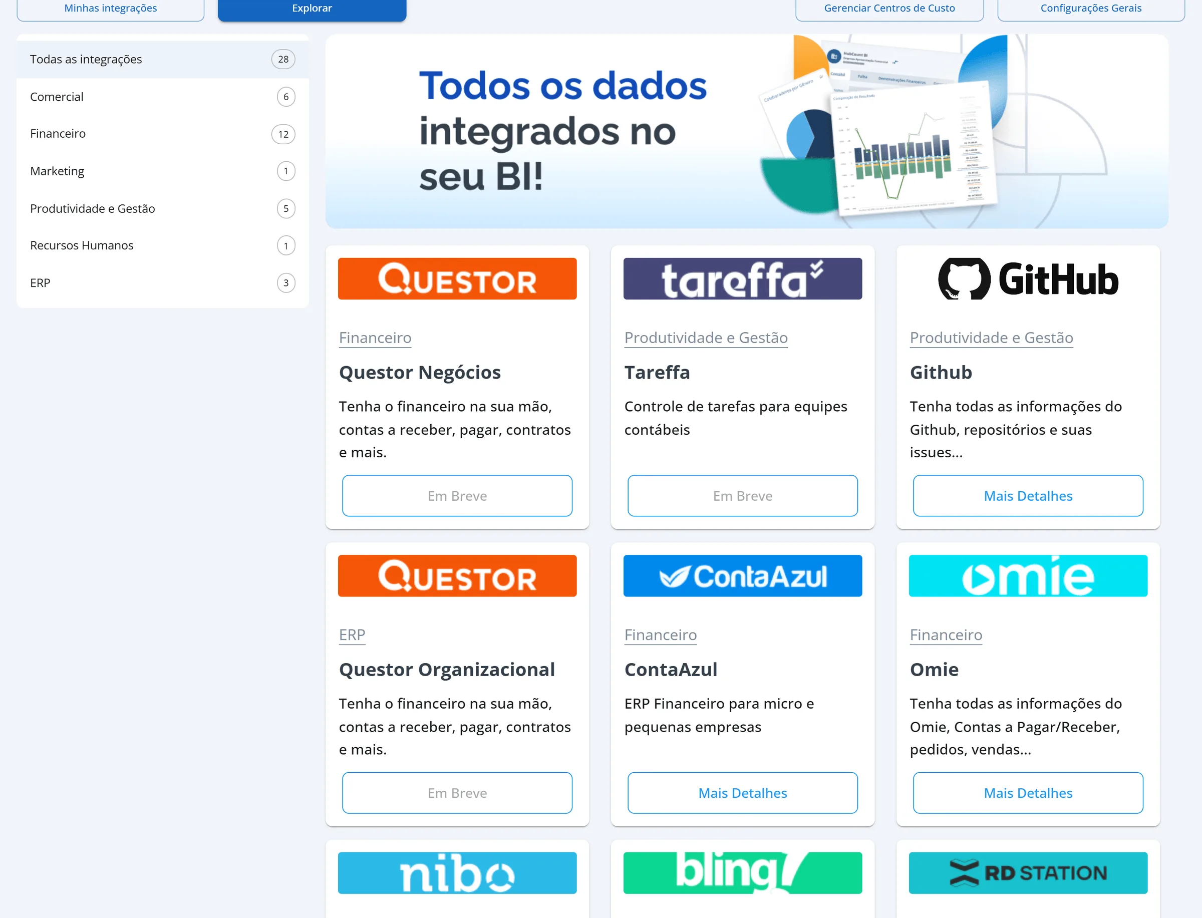 Data Lake da Aurora Comércio Ltda na aba Explorar, com a coluna de categorias à esquerda e os cartões de parceiros