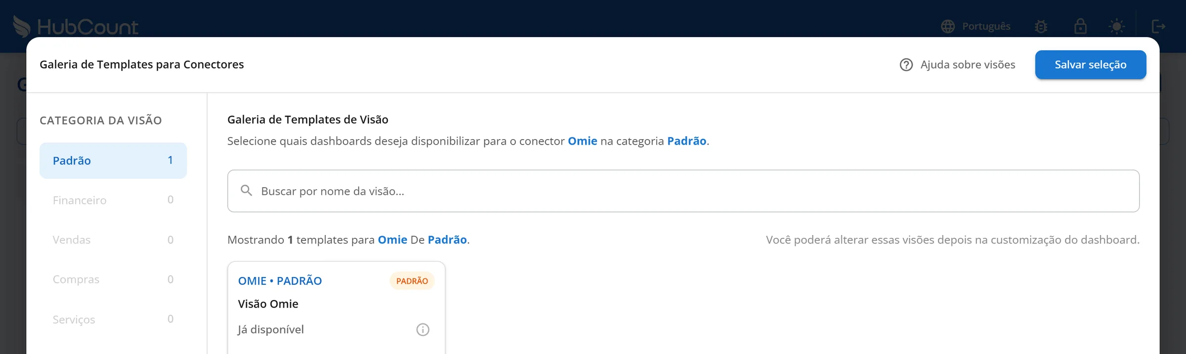 Janela Galeria de Templates para Conectores com a visão do parceiro marcada, busca por nome e o botão Salvar seleção